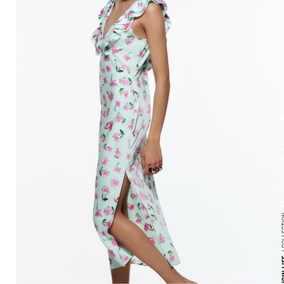 Mint Green Floral Satin Midi Dress - Picture 4 of 7